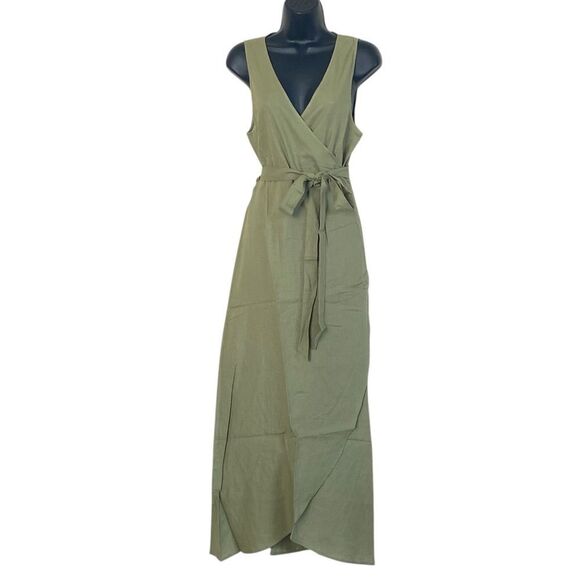 Andie Armona Ivy Green Sleeveless Wrap Linen Rayon Maxi Dress Sz M NWT - Picture 2 of 12